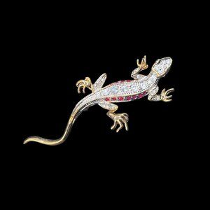 Vintage Large Lizard or Gecko Brooch 18K Electroplate and Red White Rhinestones